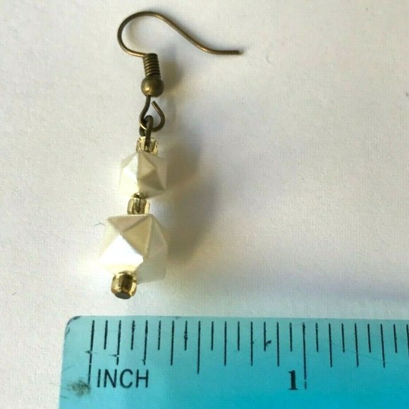 Vintage Cream White Bead Earrings MCM Upcycled 60's Geometric Beads Gold Plated - Picture 10 of 10